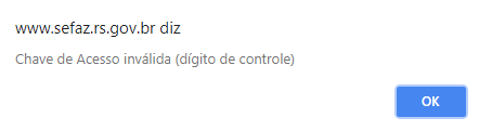 Pop up com aviso de Chave de Acesso Inválida