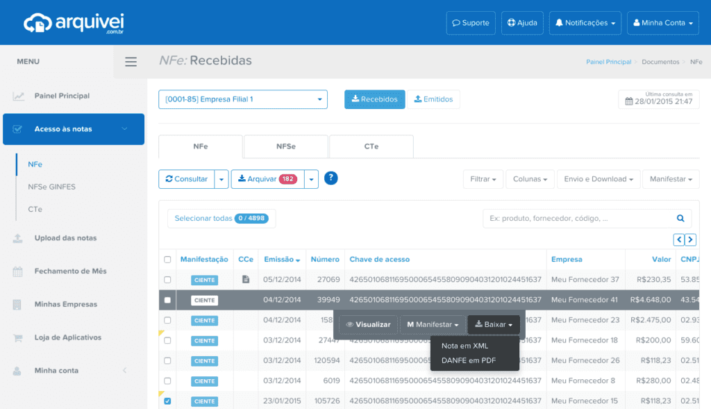 Plataforma da Qive com a consulta de XMLs