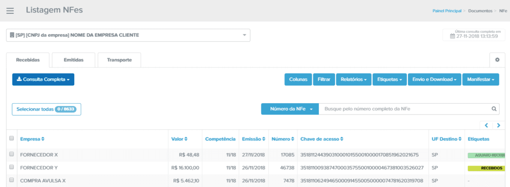 NFes recebidas das empresas clientes do escritório contábil