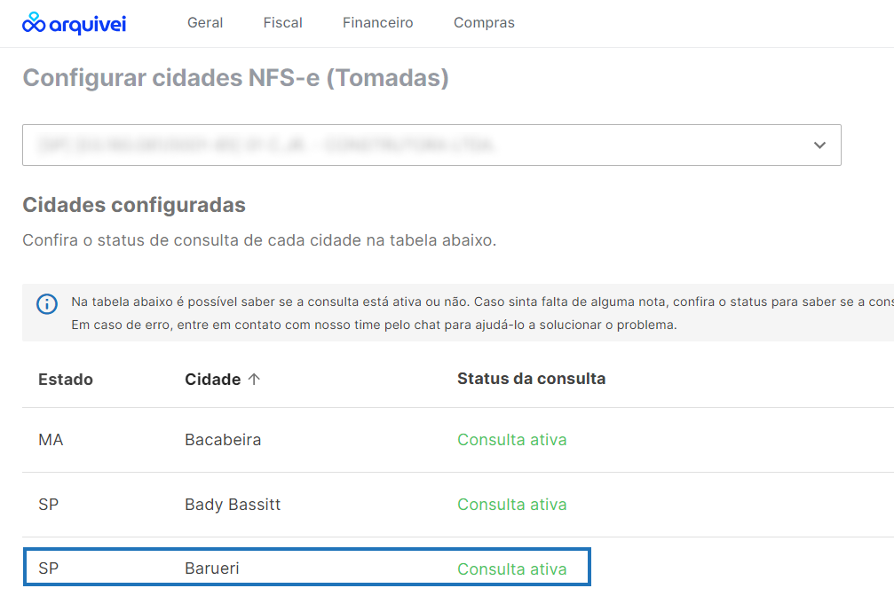 Cidade de Barueri configurada para consulta de NFSe