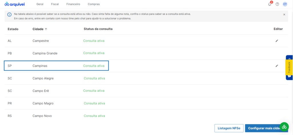 Campinas configurada na página de NFSe