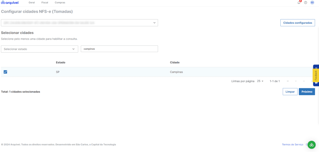 Seleção de Campinas para configuração de NFSe