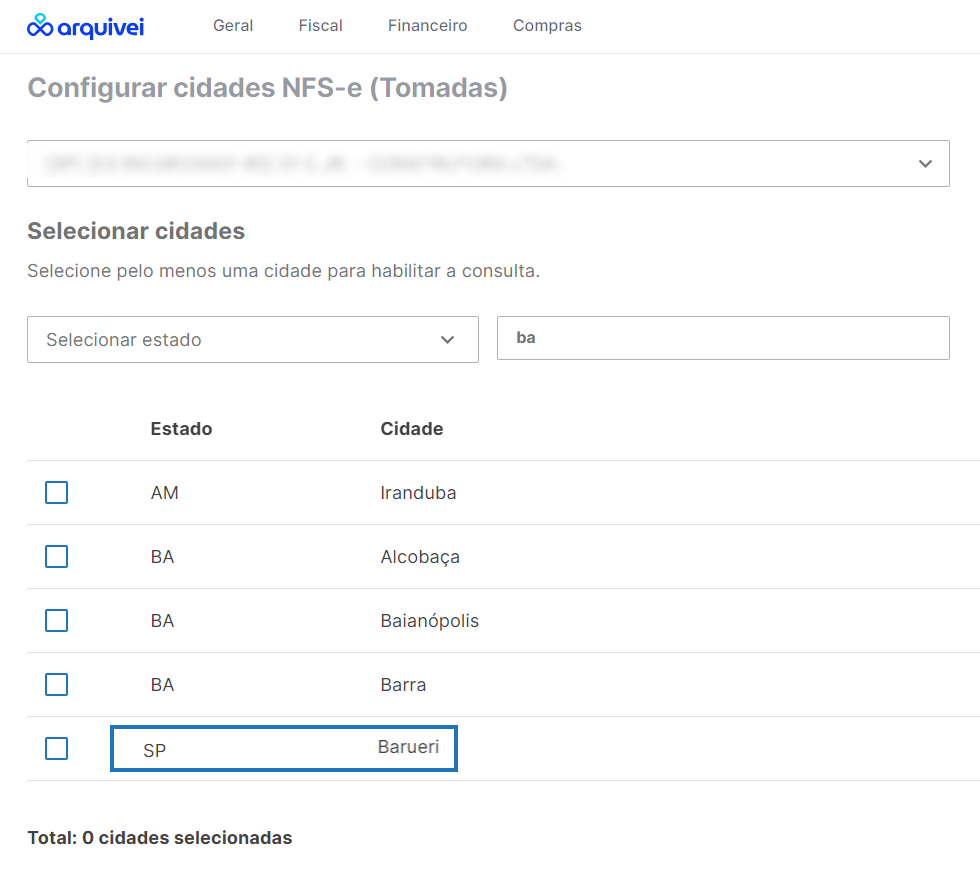 Seleção para configurar a cidade de Barueri para consulta NFSe