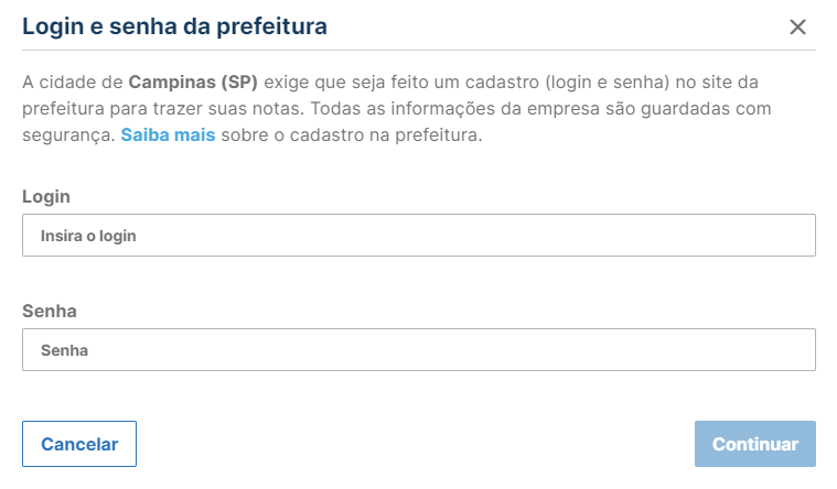 Solicitação de login e senha da prefeitura de Campinas para cadastro da cidade para NFSe