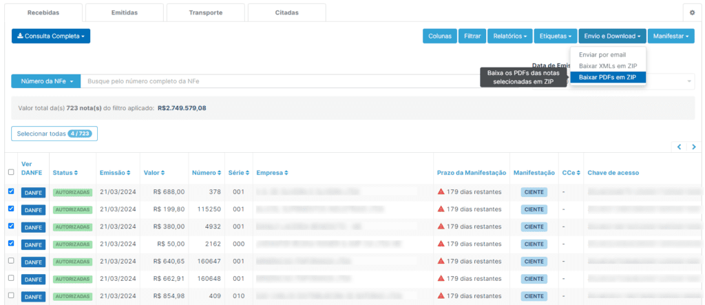 Seleção de notas para download em lote em XML ou PDF