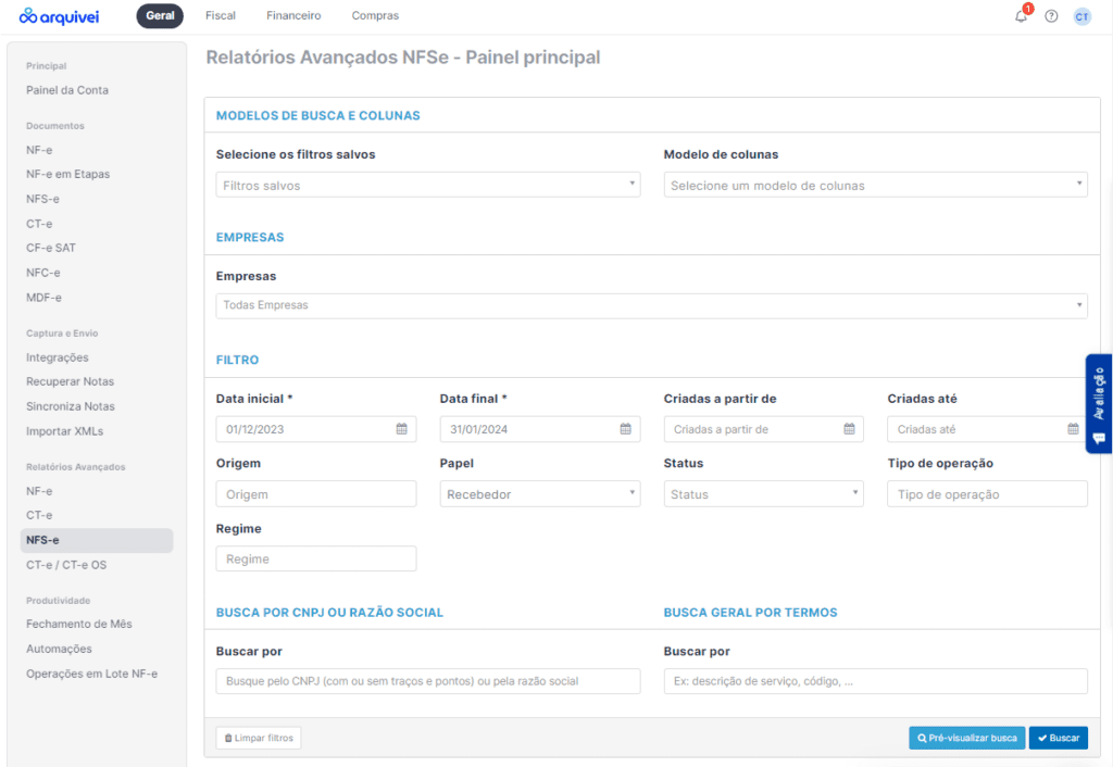 Filtros disponíveis para relatórios avançados de NFSe