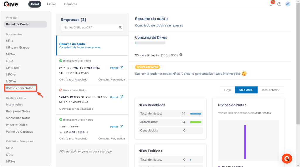 Painel inicial Qive com chamada para Boletos Com Notas