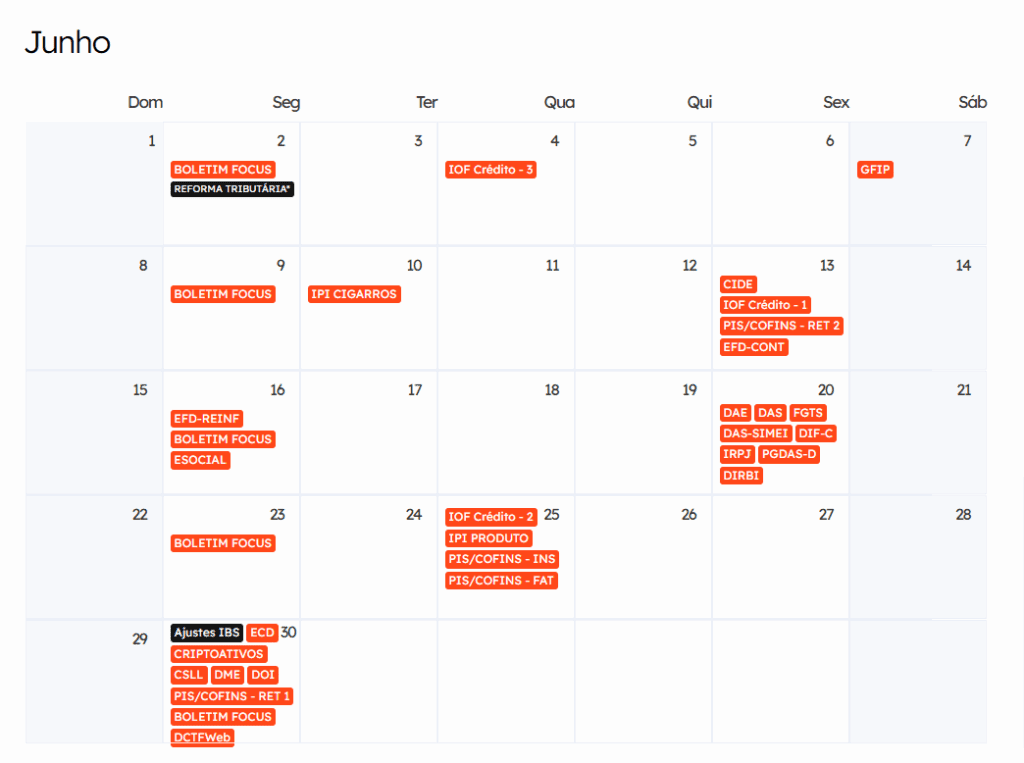Calendário fiscal e financeiro de junho de 2025