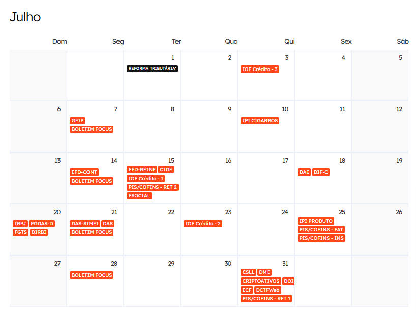 Calendário fiscal de Julho de 2025