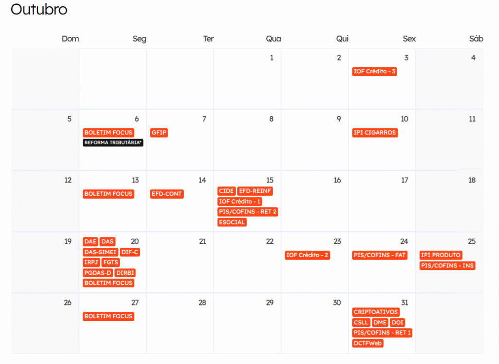 Calendário Fiscal e FInanceiro de Outubro de 2025