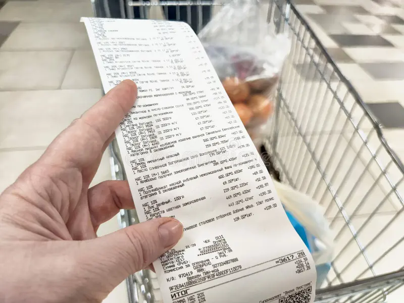 Mão segurando cupom fiscal longo em frente a um carrinho de supermercado, ilustrando a aplicação do NCM 2025 em notas fiscais.