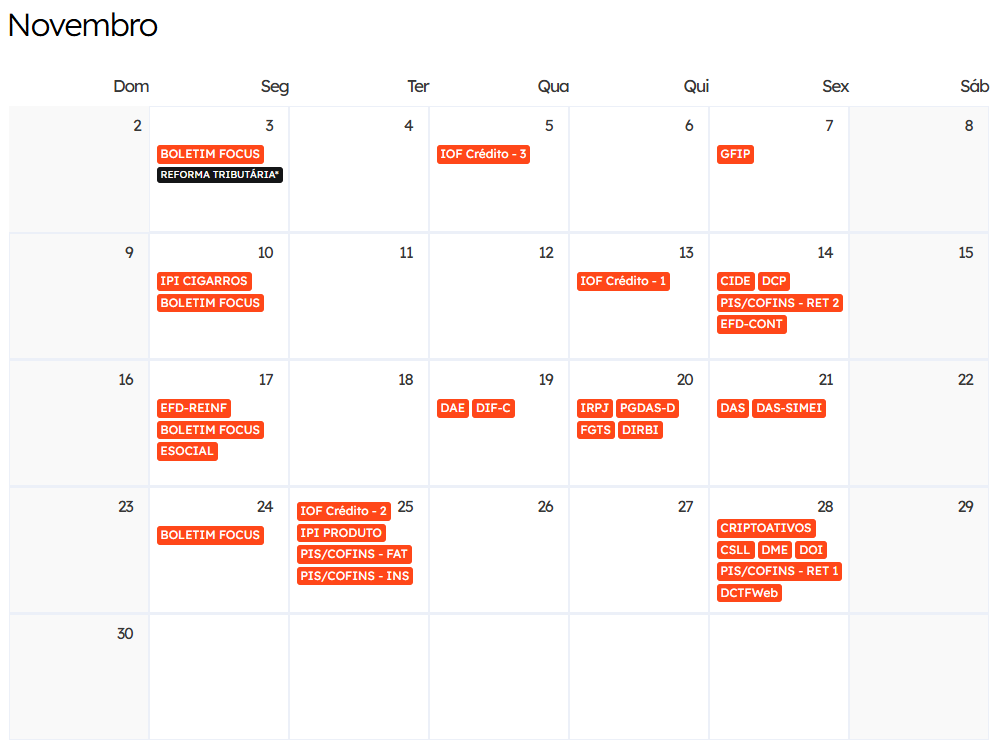 Calendário fiscal e financeiro de novembro de 2025